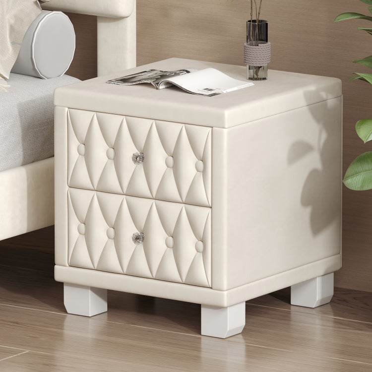 Elegant Velvet Nightstand With 2 Drawers And Crystal Handle, Storage Bedside Table With Button Tufted, Beige
