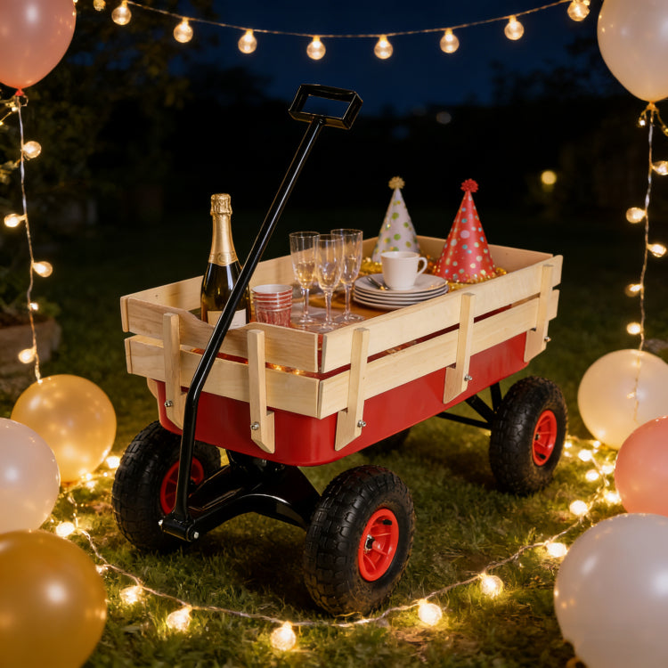 Outdoor Sport Wagon Tools Cart Wooden Side Panels Air Tires Wagon Red