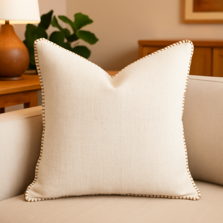 Homey Cozy Ivory Linen Style Throw Pillow With Decorative Stitching For A Refined, Natural Look