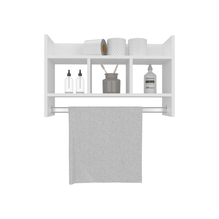 Bathroom Wall Shelf With Towel Bar, Compact Storage With A Wide Upper Shelf, Three Comapct Middle Shelves And Towel Holder For Bathroom Organizer, White
