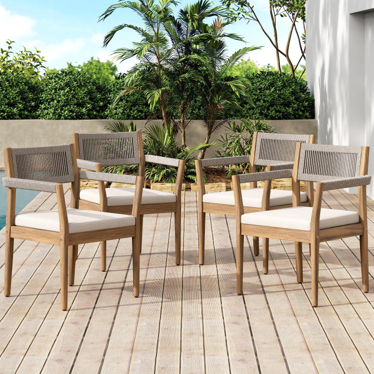 Braided Acacia Wood Outdoor Dining Chairs Set Of 2 Teak Look With Beige Rope & Cream Cushions, Armrests All Weather Patio Furniture For Garden, Poolside, And Backyard Durable & Stylish