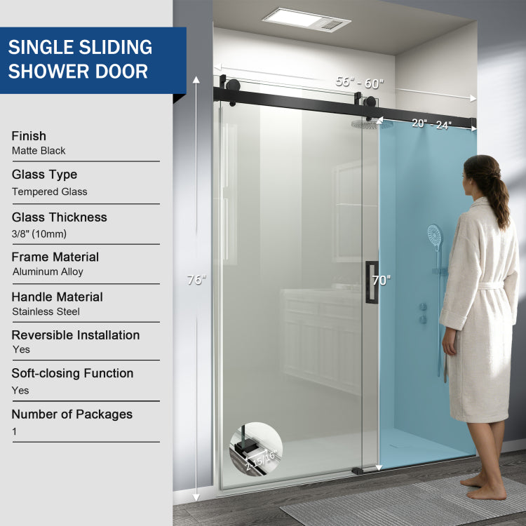 56" 60" W X 76" H Frameless Soft Closing Single Sliding Shower Door, 3 8" 10Mm Tempered Glass With Easy Cleaning Nano Coating, Matte Black 22D01 60Mb