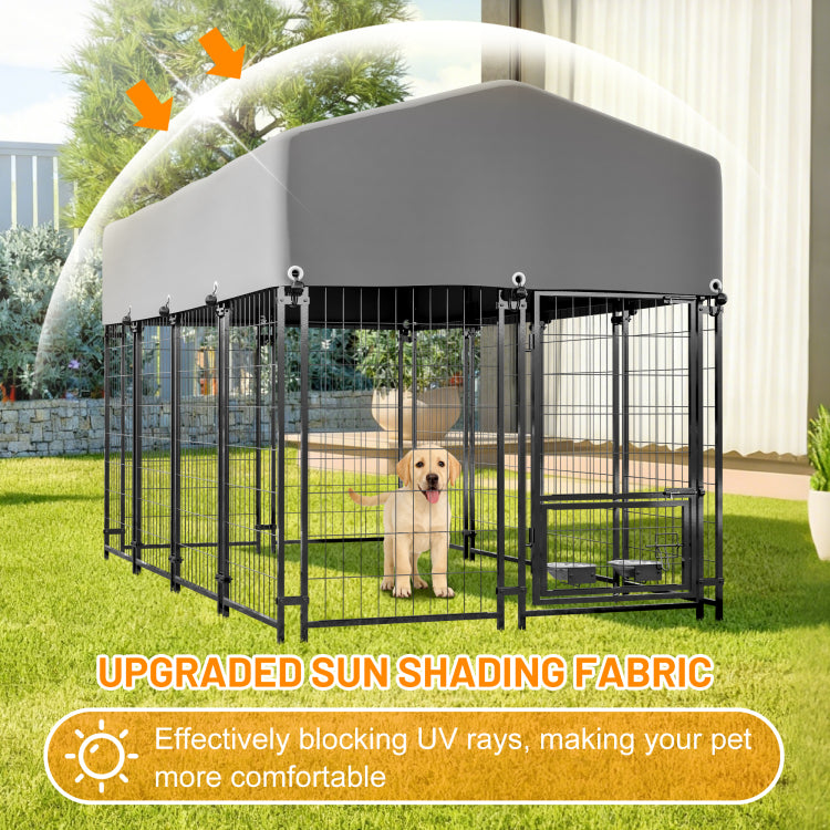 Dog Kennel Outdoor With Roof, 4.23'X7.81'X4.83' Welded Wire Enclosure, Heavy Duty Dog Crate With Uv Resistant Waterproof Cover, Double Lock & Rotating Feeder For Medium Large Dogs