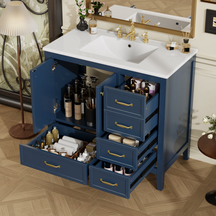 36" Bathroom Vanity With Sink, Bathroom Cabinet With Soft Closing Door, 4 Drawers Of Different Sizes, Solid Wood Frame And Leg, One Package, Blue