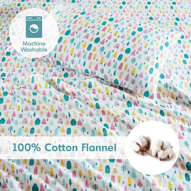 3 Pcs Twin Xl Cotton Printed Sheet Set White Holiday Trees