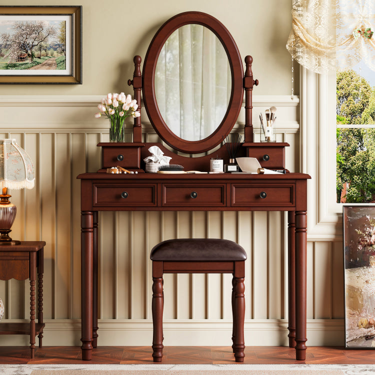 Vanity Desk With Adjustable Angle Mirror, Vintage Vanity Makeup Table And Cushioned Stool Set With Velvet Fabric Lining 5 Drawers,Wooden Dressing Table Set For Bedroom, Walnut