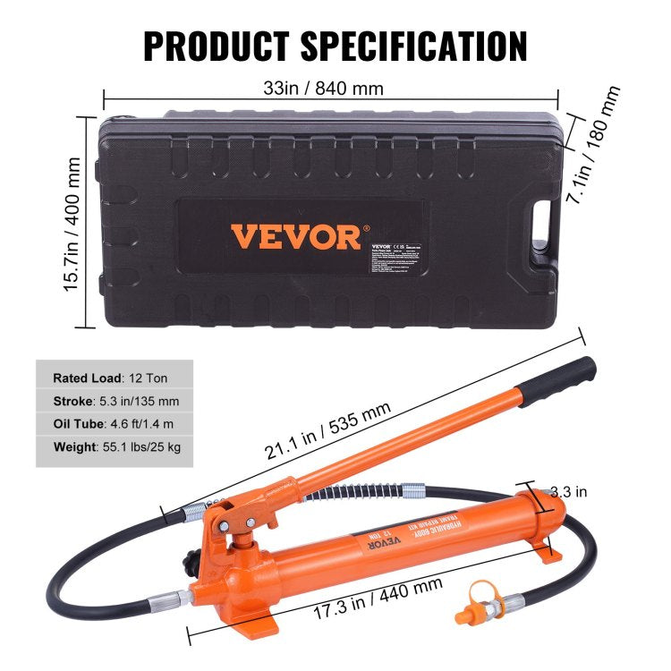 12 Ton Porta Power Kit, Hydraulic Ram With Pump With 4.6 Ft 1.4 M Oil Hose, Portable Hydraulic Jack With Storage Case For Automotive, Garage, Farm, Mechanic 26455 Lbs