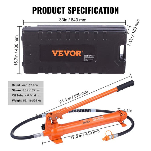 12 Ton Porta Power Kit, Hydraulic Ram With Pump With 4.6 Ft 1.4 M Oil Hose, Portable Hydraulic Jack With Storage Case For Automotive, Garage, Farm, Mechanic 26455 Lbs