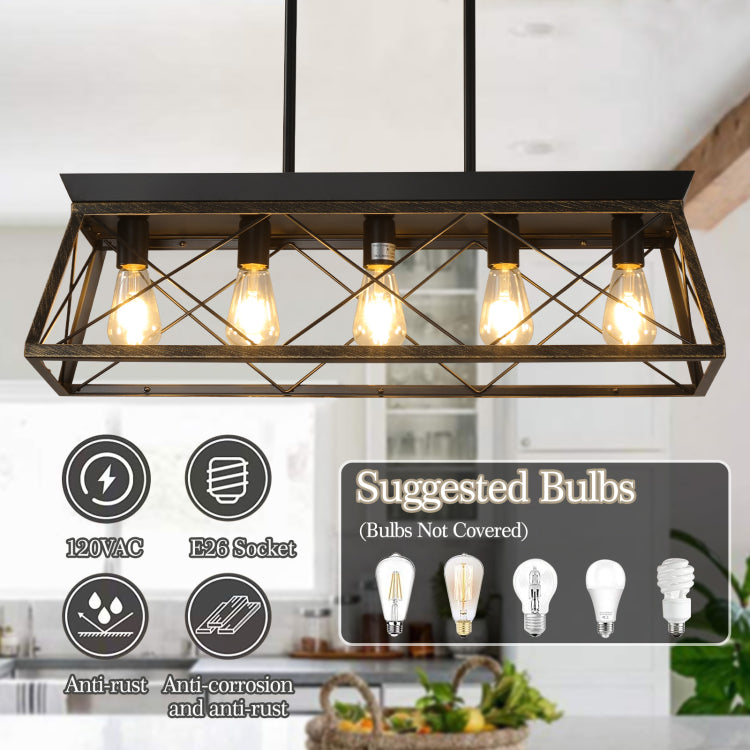 32" Black Gold Industrial 5 Light Pendant Chandelier, Modern Metal Cage Design, Adjustable Hanging Light For Dining Room, Kitchen, Living Room No Bulbs