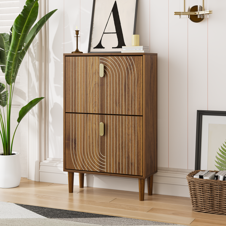 Shoe Storage Cabinet With 2 Flip Drawers,Free Standing Shoe Cabinet With Metal Handles For Entryway,Shoe Rack Cabinet With Line Groove Design,23.6"W