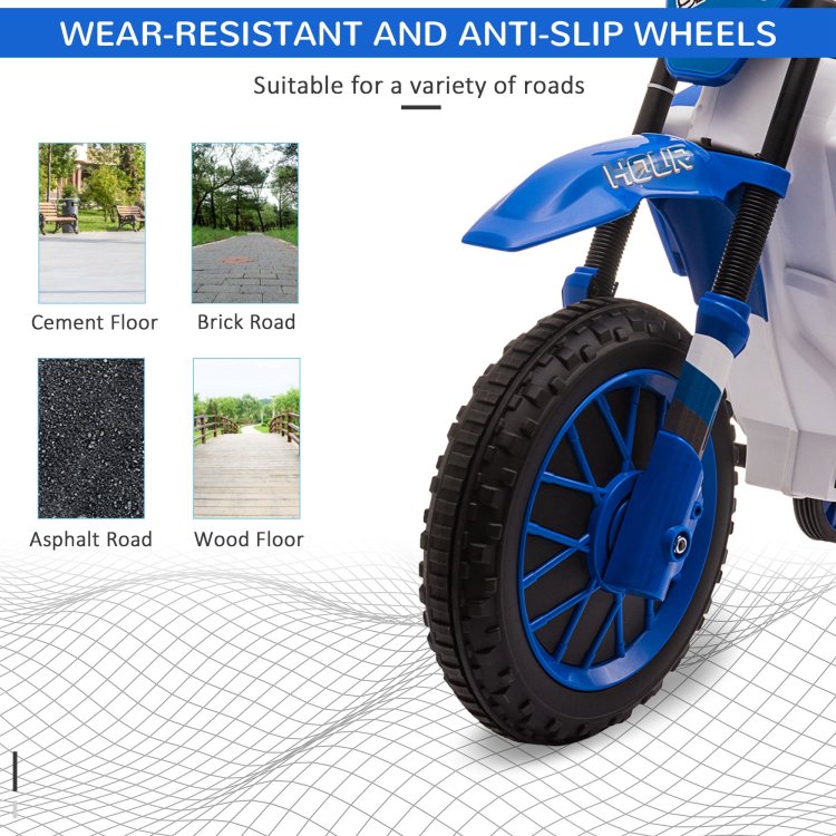 Aosom 12V Kids Motorcycle Dirt Bike Electric Battery Powered Ride On Toy Off Road Street Bike With Charging Battery, Training Wheels Blue