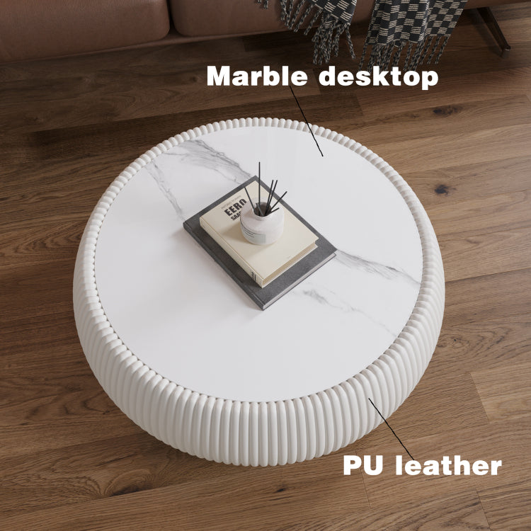 Light Sintered Stone Top Drum Shape Leather Coffee Modern Sofa Table For Living Room Furniture Each Tabletop Has A Unique Grey Pattern