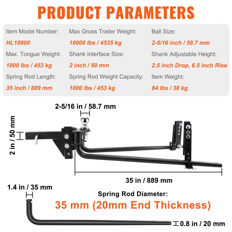 Weight Distribution Hitch, 1,000 Lbs Weight Distributing Hitches Kit With Sway Control For Trailer, 2 In Solid Steel Shank, 2 5 16 In Alloy Steel Ball, Powder Coated Load Leveling Hitch, Black
