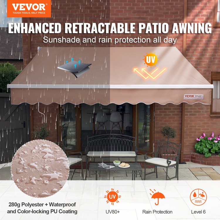 Manual Retractable Awning, 12 X 10 Ft Outdoor Patio Awning Retractable Sun Shade, Water Resistant Polyester Patio Door Window Awning Sunshade Shelter With Crank Handle For Backyard, Balcony
