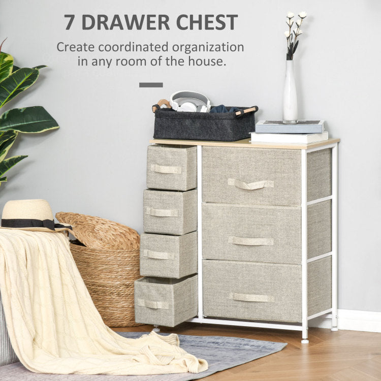 Homcom 7 Drawer Dresser Storage Tower Cabinet Organizer Unit, Easy Pull Fabric Bins With Metal Frame For Bedroom, Closets, Light Gray
