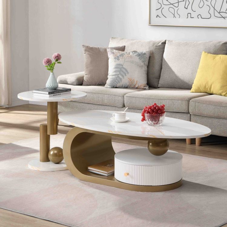 Modern Nesting Golden Coffee Table Set Of 2 End Table For Living Room, Oval And Round Table Set