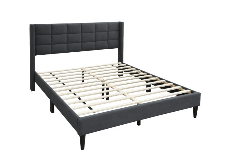 Elegant Modern Charcoal Brushed Linen 1Pc Queen Size Bed Upholstered Box Design Headboard Bedframe