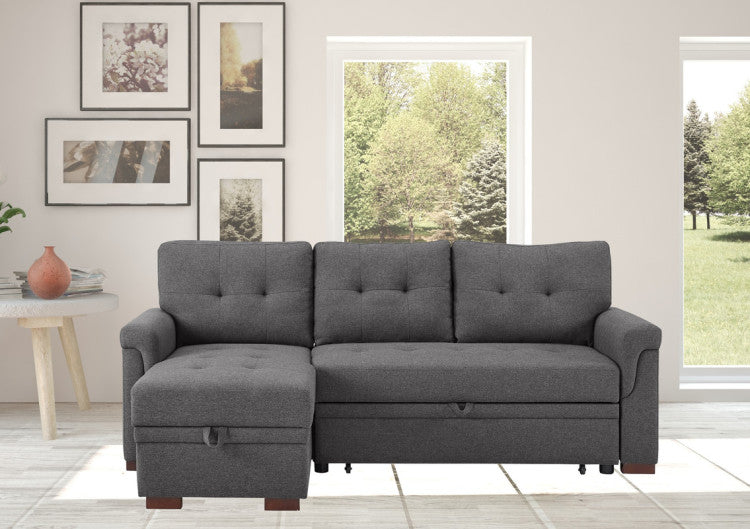 Hunter 84" Dark Gray Linen Reversible Sleeper Sectional Sofa With Storage Chaise