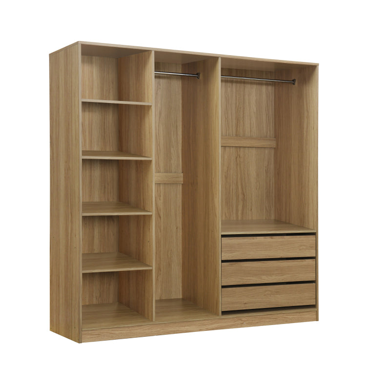 Doorless Wooden Storage Wardrobe For Dedroom With Shelves And 3 Drawers,Nature