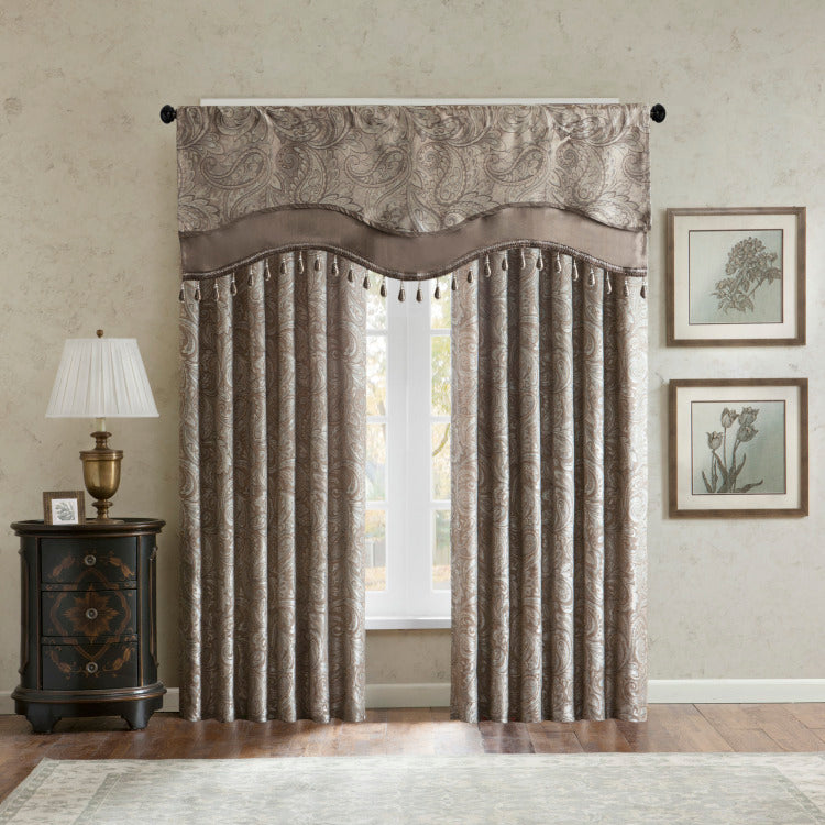 Jacquard Window Rod Pocket Valance With Beads Blue Brown 50X18"