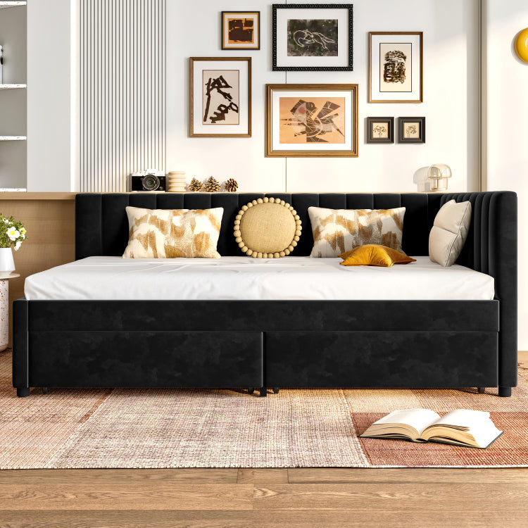 Full Size Daybed With Storage Drawers Upholstered Corner Bed With L Shaped Headboard Velvet Daybed Frame For Living Room Guest Room