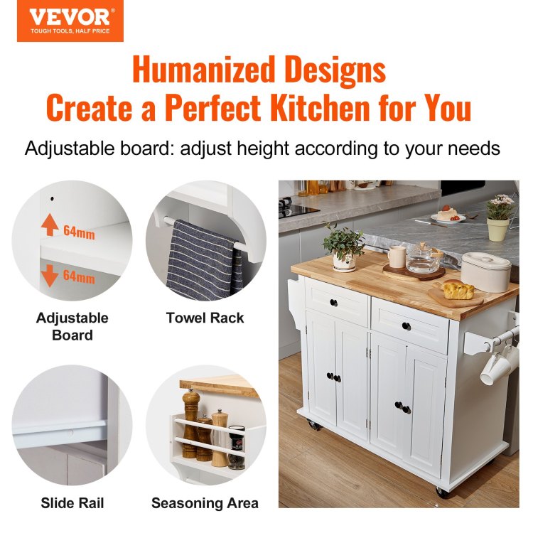 Kitchen Island Cart With Solid Wood Top, 35.4" Width Mobile Carts With Storage Cabinet, Rolling Kitchen Table With Spice Rack, Towel Rack, And Drawer, Portable Islands On Wheels, White