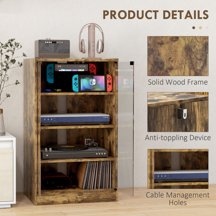 Homcom Media Cabinet, 4 Tier Stereo Cabinet, Modern Audio Video Media Stand With Adjustable Shelves, Tempered Glass Doors, And Cable Management, Rustic Brown
