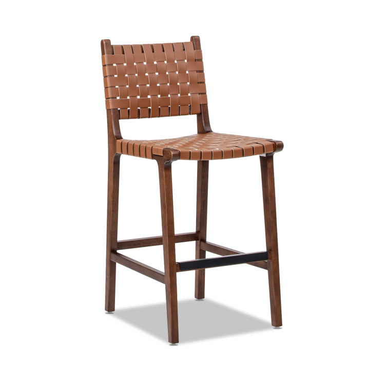 Andre 26" Woven Leather Counter Stool With Back, Pecan Brown Faux Leather