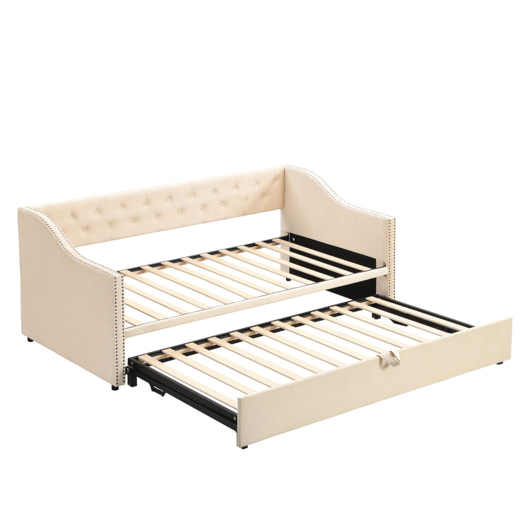 Twin Size Upholstered Daybed With Pop Up Trundle, Beige