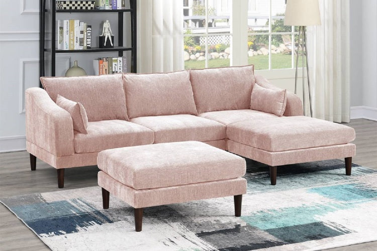 Contemporary 5Pcs Modular Sectional Set One Arm Chairs Armless Chair Ottomans L Shaped Sectional Blush Pink Morgan Fabric