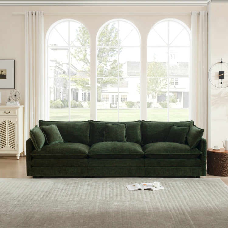 Mid Century Modern Couch 3 Seater Sofa With 2 Armrest Pillows And 3 Toss Pillows, Couch For Living Room Green Chenille