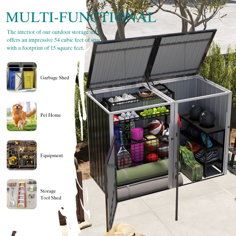 Garbage Bin Shed Stores 2 Trash Cans Metal Outdoor Bin Shed For Garbage Storage,54 Cubic Feet Of Space,Stainless Galvanized Steel, Bin Shed For Garden Yard Lawn,Grey