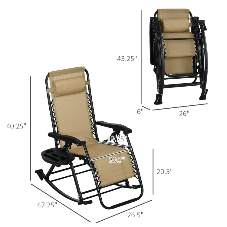 Outsunny 2 Pieces Outdoor Rocking Chairs, Foldable Reclining Zero Gravity Lounge Rocker With Pillow, Cup & Phone Holder, Combo Design With Folding Legs, Beige