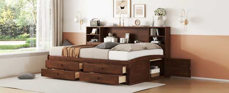 Full Size Wooden Captain Bed With Built In Storage Shelves, 4 Drawers And 2 Cabinets, Antique Brown