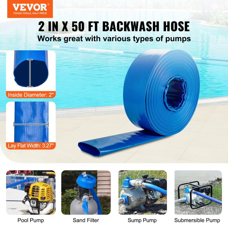 Backwash Hose, 2 In X 50 Ft, Heavy Duty Pvc Flat Pool Discharge Hose With Aluminum Camlock C & E Fittings, Clamps, Compatible With Pumps, Sand Filters, For Swimming Pools Waste Water Drain, Blue