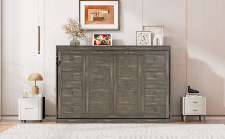 Twin Size Murphy Bed With Led Light,Can Be Folded Into A Cabinet,Hidden Wall Bed Cabinet,Brown