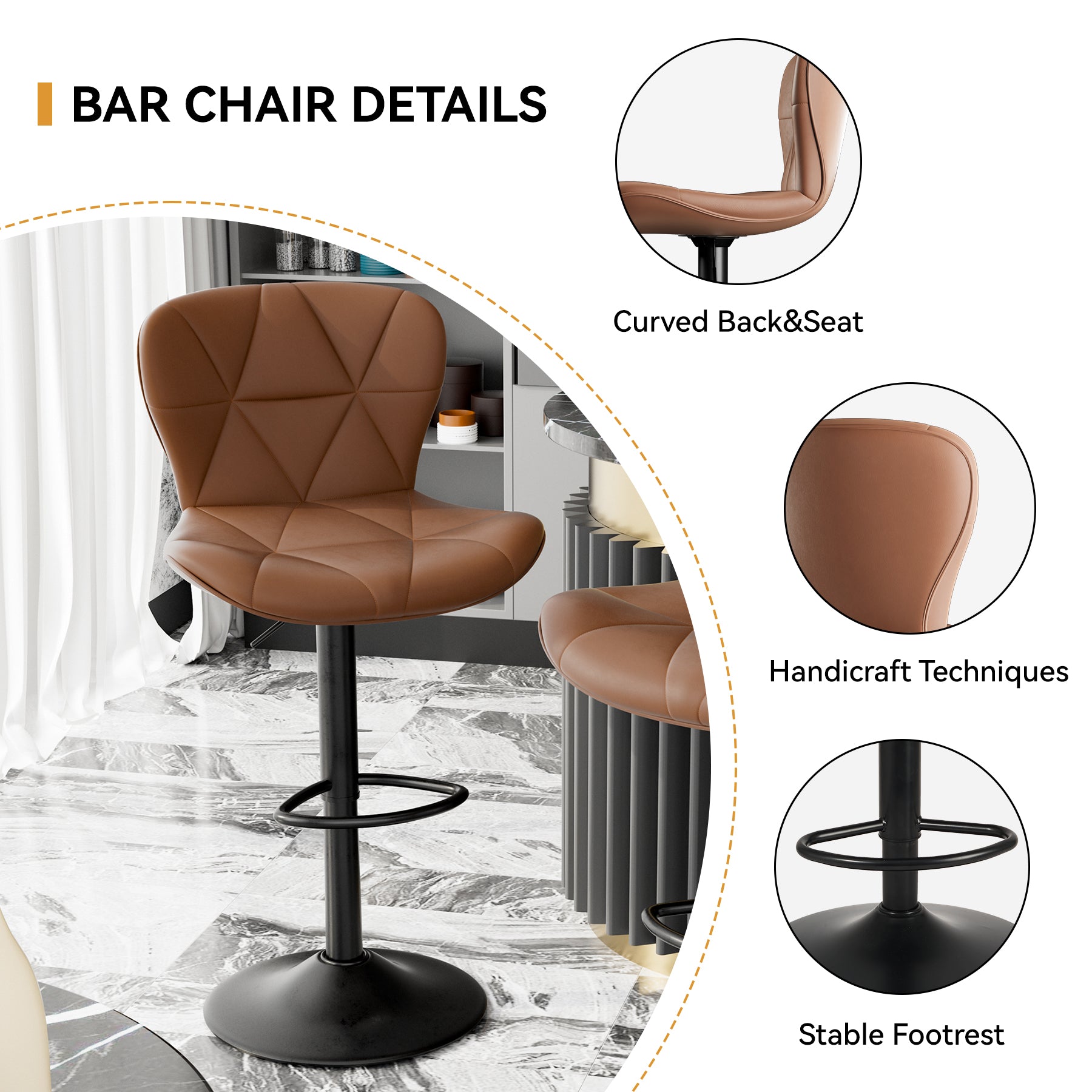 Modern Bar Stools Set Of 2, Faux Leather Upholstered Swivel Bar Stools, Adjustable Counter Height Bar Chairs With Back For Kitchen Island, Rust