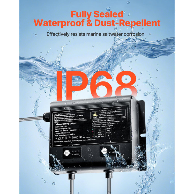 2 Bank 5A 12V Smart Marine Battery Charger Onboard Ip68 Waterproof Boat Rv Yacht