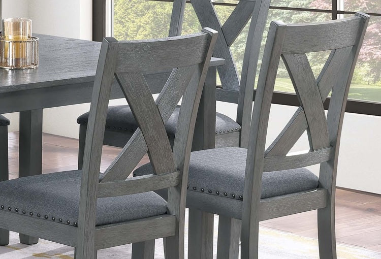 Gray Finish Dining Table 6X Chairs 7Pcs Dining Set Cushion Seat Nailhead X Cross Back Chairs Dining Room Furniture Modern Style