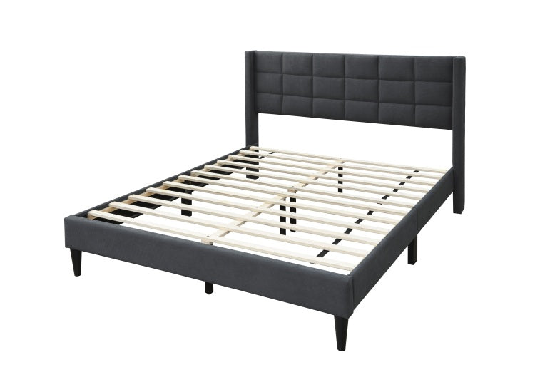 Elegant Modern Charcoal Brushed Linen 1Pc Queen Size Bed Upholstered Box Design Headboard Bedframe