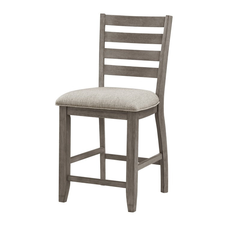 Trea 26 Inch Counter Height Chair, Ladder Back, Polyester, Gray Wood, Set Of 2
