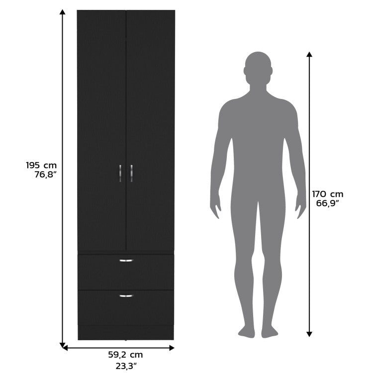 Armoire Wardrove 76" H, Hanging Rod, 2 Drawers, 1 Shelf, Black