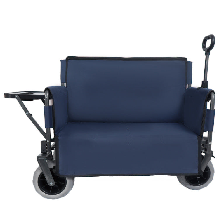 3 In 1 Folding Wagon With Bench Seat & Rear Mounted Folding Tabletop 500Lbs Capacity, 9"X4" Beach Tires For Camping, Beach, Dark Blue