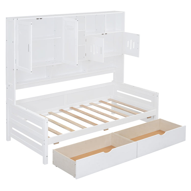 Twin Size Wooden Daybed With 2 Drawers, And All In One Cabinet And Shelf, White