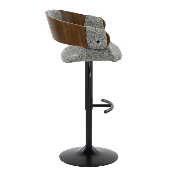 Elisa Mid Century Modern Adjustable Barstool With Swivel In Black Metal, Walnut Wood And Grey Fabric With Rounded T Footrest By Set Of 2