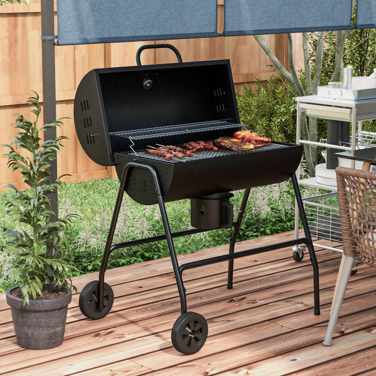 Outsunny Barrel Charcoal Bbq Grill With 420 Sq.In. Cooking Area, Outdoor Barbecue With Wheels, Ash Catcher And Built In Thermometer For Patio Picnic, Backyard Party, Black