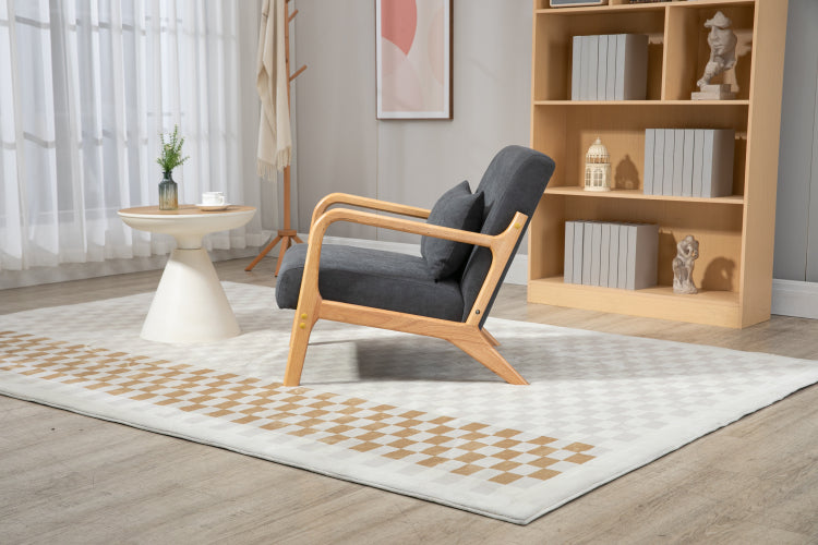 Mid Century Modern Accent Chair With Wood Frame, Upholstered Living Room Chairs With Waist Cushion, Reading Armchair For Bedroom Sunroom