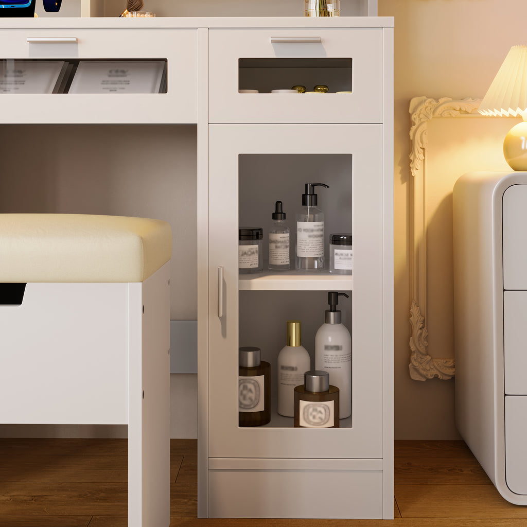 41.3" Makeup Vanity With Sliding Mirror And Led Lights, Dressing Table With Storage Stool, 3 Drawers And 2 Rgb Cabinets, Vanity Desk With Open Shelves And Charging Station, White