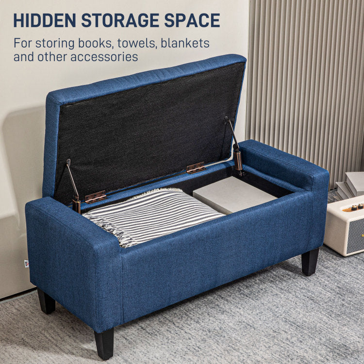 Homcom Storage Ottoman, Linen Upholstered Storage Bench With Lift Top And Button Tufted For Living Room, Dark Blue