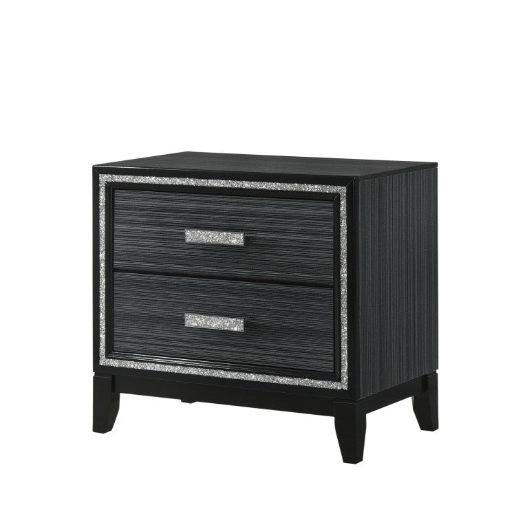 Contemporary Bedroom Furniture Black Finish Nightstand With Two Drawers Wooden 1Pc Shimmering Silver Trim Accent